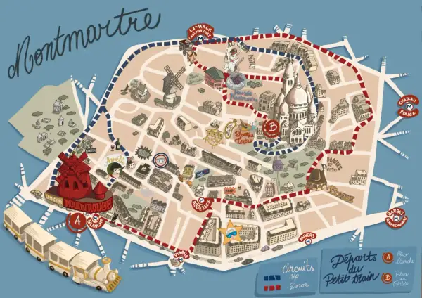 Carte de Montmartre avec le petit train touristique parisien, ses circuits et départs.