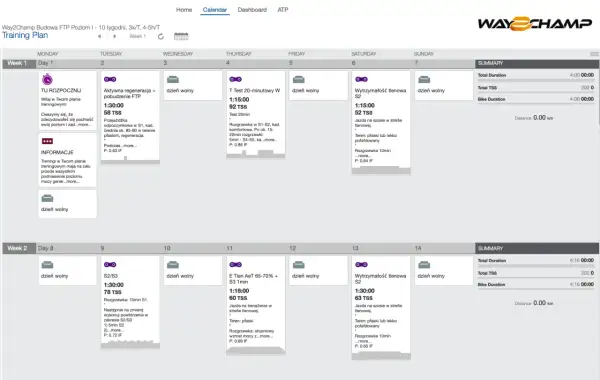 Plan treningowy z podziałem na tygodnie i dni, uwzględniający periodyzację: regeneracja, testy FTP, wytrzymałość tlenowa.