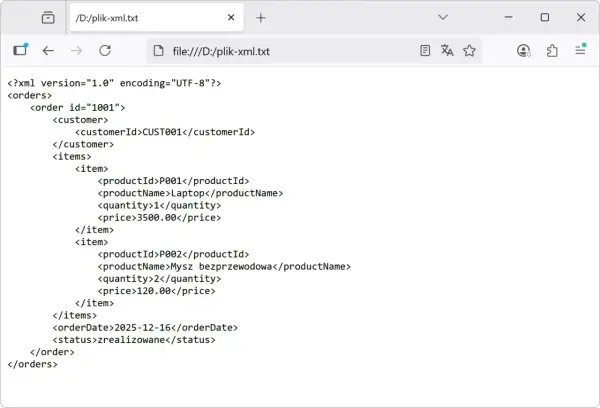 Plik XML z zamówieniem, zawierający laptop i mysz. Dowiedz się, xml czym otworzyć, by zobaczyć szczegóły.