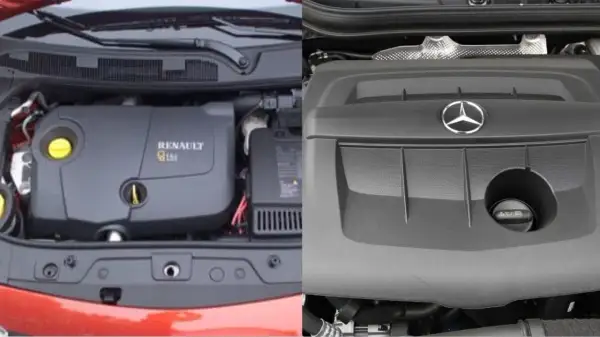 Comparación de motores: un Renault 1.5 gasolina a la izquierda y un motor Mercedes a la derecha.