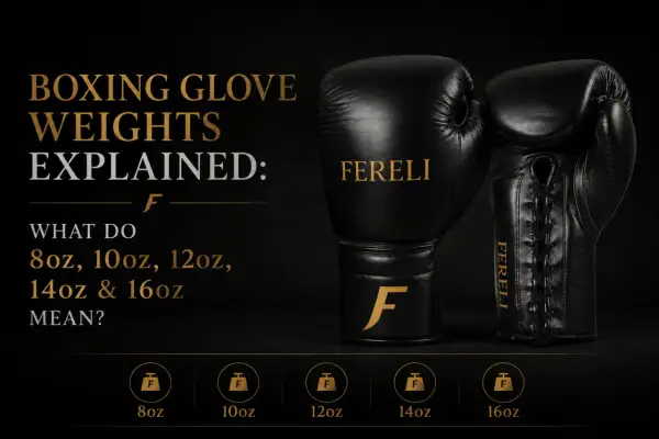 Black boxing gloves with weights explained: 8oz, 10oz, 12oz, 14oz, 16oz.