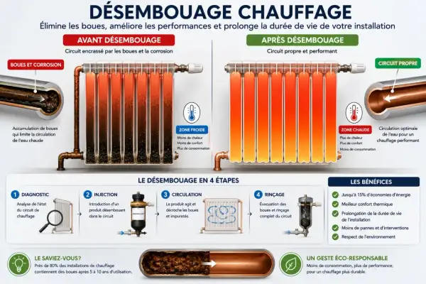 Illustration montrant l'avant et l'après du désembouage plancher chauffant. Un circuit encrassé vs un circuit propre et performant.