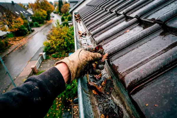 Herbstlaub entfernen: Eine Hand mit Handschuh greift Laub aus einer verstopften Dachrinne, um sie zu reinigen.