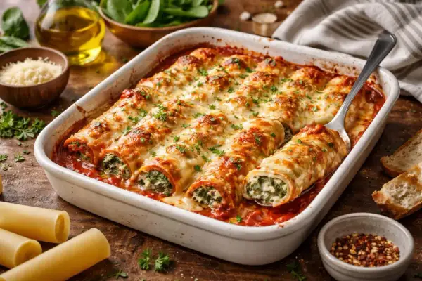 Cannelloni à la viande, gratinés et dorés, baignant dans une sauce tomate savoureuse. Un plat réconfortant prêt à être dégusté.
