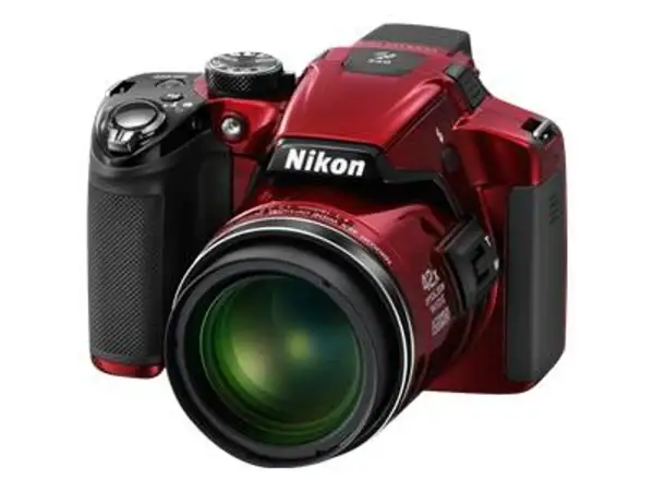 A red Nikon P510 camera with a large lens, ready to capture any adventure.