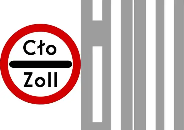 Znak B2 "Cło Zoll" na tle pionowych pasów.