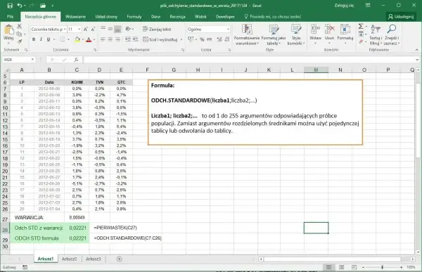 Arkusz kalkulacyjny Excel z danymi i formułą ODCH.STANDARDOWE. Obliczenia w Excelu pokazują mnożenie wartości.