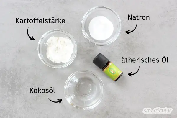 Zutaten für deo selber machen 3 zutaten: Kartoffelstärke, Natron, Kokosöl und ätherisches Öl.