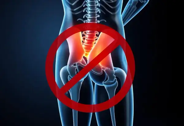Rött stopptecken över en skelettmodell som visar smärta i höften, en visuell representation av piriformis syndrom svenska.