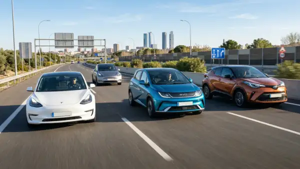 Un Tesla blanco, un BYD azul y un Toyota naranja circulan por una autopista, mostrando los coches eléctricos más vendidos.