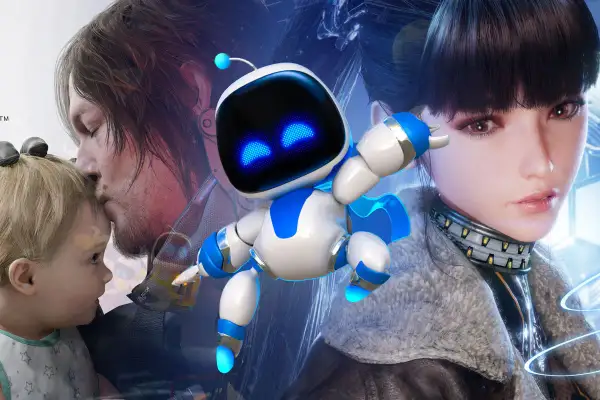 Astro Bot w centrum, otoczony postaciami z gier, sugeruje najlepsze gry na PS5.