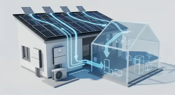 Inteligentny system zarządzania energią w domu: panele słoneczne na dachu, magazyn energii i przepływ prądu do urządzeń domowych.