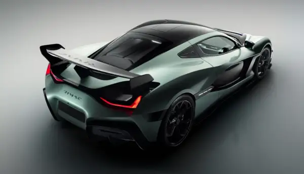 El Rimac Nevera, un hiperdeportivo eléctrico, muestra su diseño aerodinámico y alerón trasero. Su aceleración de 0 a 100 km/h es asombrosa.