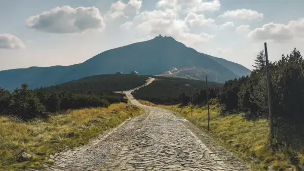 Kamienista trasa z kopy na Śnieżkę, wijąca się przez góry i kosodrzewiny, zaprasza do wędrówki.