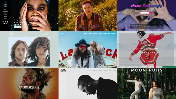 Examples of band websites, showcasing diverse artist branding and layouts. Learn how to make a band website with these inspiring designs.