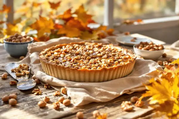 Une délicieuse tarte aux noix, garnie de caramel et de noix croquantes, sur une table en bois, entourée de feuilles d'automne.