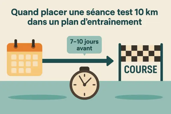 Calendrier, montre et ligne d'arrivée pour une séance test 10 km. Idéalement 7-10 jours avant la course.
