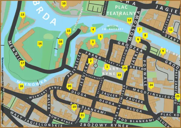 Mapa Starego Rynku w Bydgoszczy z zaznaczonymi ulicami i punktami.