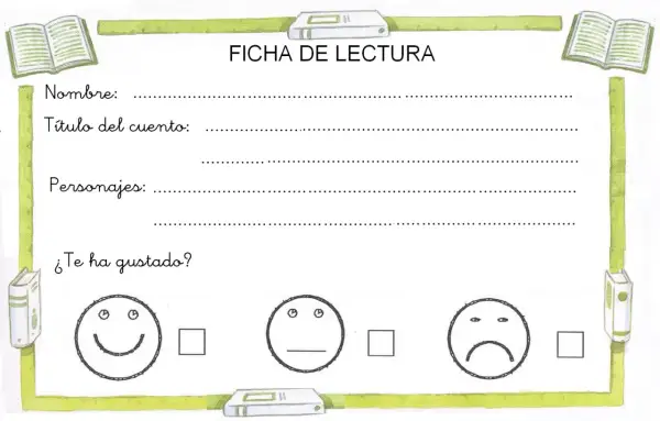 Ficha cuento infantil para escribir el nombre, título, personajes y calificar si te ha gustado con caritas.