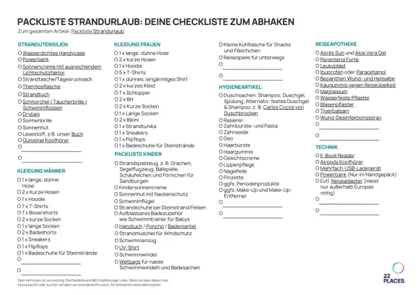 Packliste Strandurlaub: Checkliste für Kleidung, Hygieneartikel, Technik und mehr. Ideal für deine Reiseplanung.