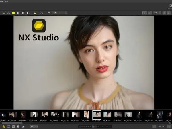 Portret kobiety z logo NX Studio po polsku. Widok programu do edycji zdjęć.