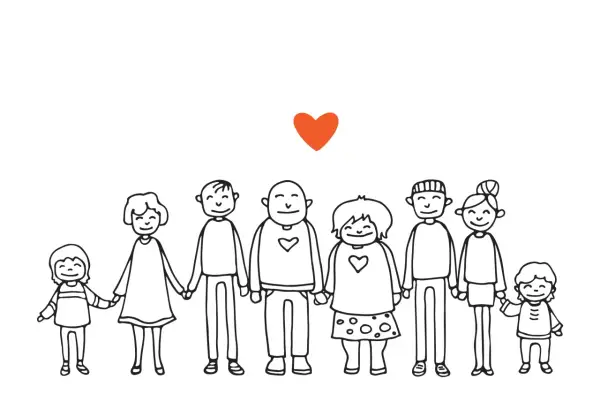 Disegni da colorare e stampare: una famiglia stilizzata che si tiene per mano sotto un cuore arancione.