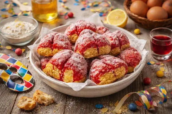 Scroccafusi di Macerata, dolcetti friabili con glassa rossa e zucchero, pronti per Carnevale.