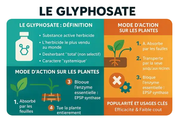 Infographie expliquant le glyphosate, son mode d'action sur les plantes et sa popularité en France.
