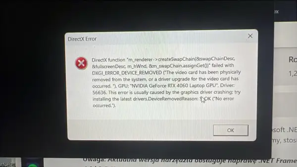Błąd DirectX: karta graficzna NVIDIA GeForce RTX 4060 Laptop GPU została usunięta lub zaktualizowano sterowniki. Sprawdź dxdiag.