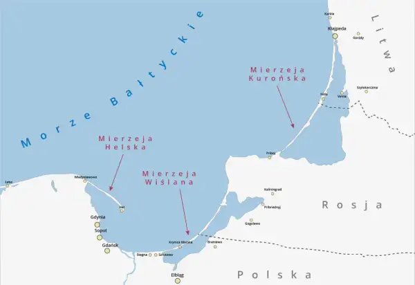 Mapa pokazuje jak powstaje mierzeja Wiślana i Helska. Widoczne są miasta: Gdańsk, Gdynia, Sopot, Hel, Kłajpeda, Kaliningrad.