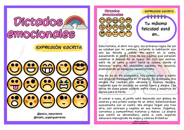 Emoticonos para dictado 3 primaria. Expresión escrita: "Tu máxima felicidad está en..." con texto sobre un día feliz.