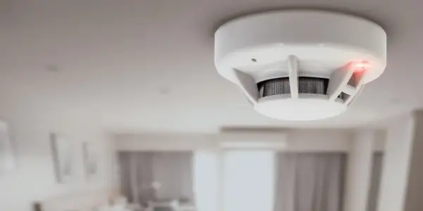 Détecteur de fumée blanc au plafond, voyant rouge allumé. Il est temps de changer la pile de ce détecteur de fumée insafe.