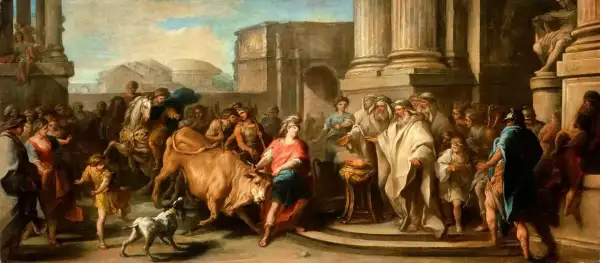 Thésée, le héros, affronte un taureau furieux, prélude à sa confrontation avec le Minotaure. Une foule observe la scène antique.