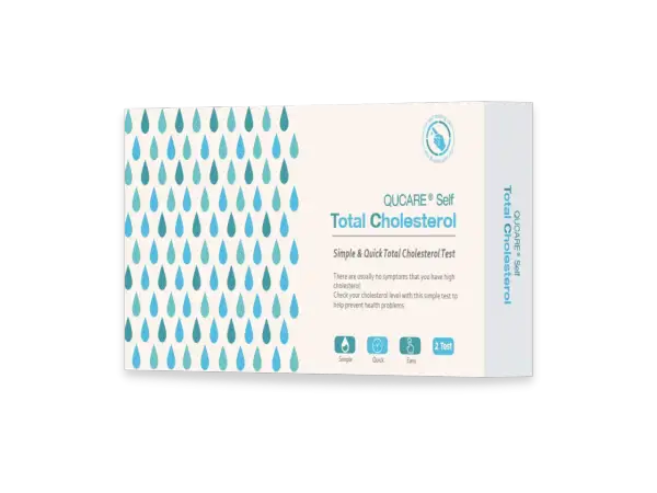 Opakowanie testu na **cholesterol** QUCARE® Self. Test pozwala szybko i łatwo sprawdzić poziom cholesterolu, co jest ważne dla zdrowia.