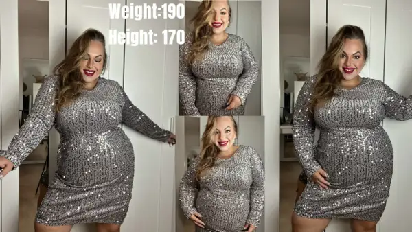 Kobieta w olśniewającej sukience cekinowej plus size, z uśmiechem na twarzy, gotowa na imprezę.