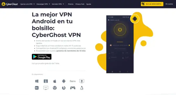 La mejor free vpn android, CyberGhost VPN, ofrece ancho de banda ilimitado y seguridad en redes Wi-Fi públicas. Compatible con Android.