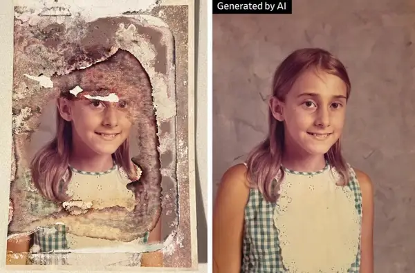 A damaged photo of a girl is shown next to an AI-generated restoration. The AI created a clear image from the bad AI images.