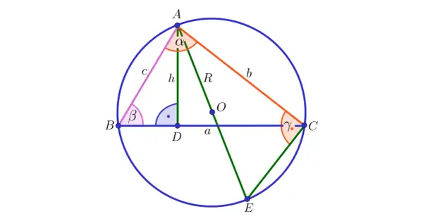 Geometryczny rysunek przedstawia trójkąt wpisany w okrąg, z zaznaczonymi kątami i bokami.