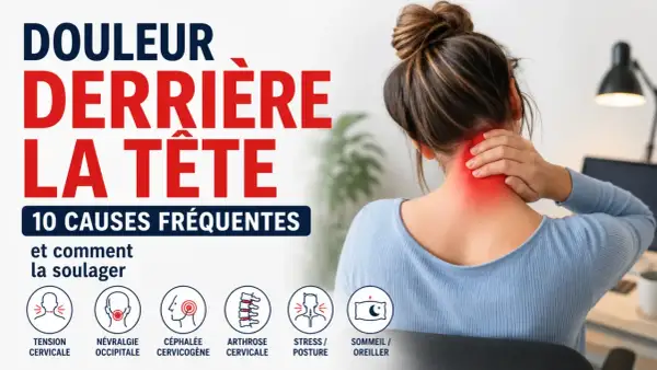 Une femme se tient la nuque, zone rouge indiquant une douleur derrière la tête. L'image liste 10 causes fréquentes de ce mal.