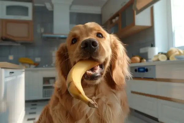 Złoty retriever z bananem w pysku. Czy pies może jeść banana? Ten słodziak zdaje się odpowiadać twierdząco, choć ostrożnie.