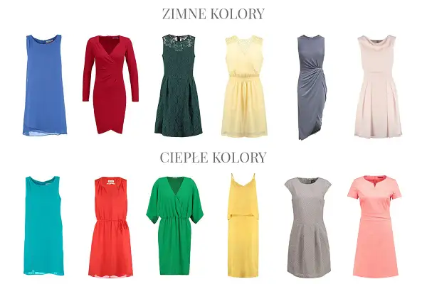 Kolekcja sukienek w zimne kolory: błękit, zieleń, szarość i pudrowy róż. Obok modele w ciepłych barwach: turkus, czerwień, zieleń, żółć i koral.