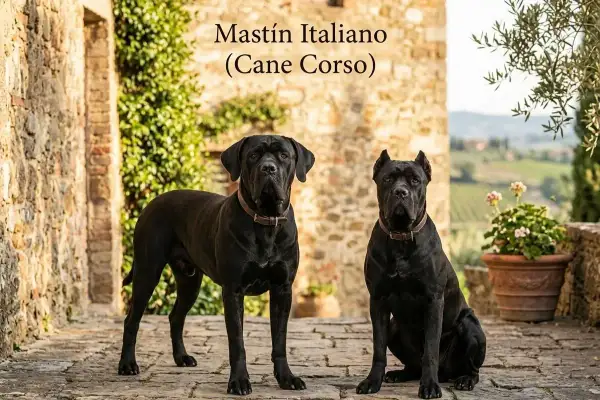 Dos perros **cane corso adulto** posan con porte majestuoso frente a una construcción de piedra y un paisaje toscano.