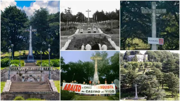 Varias imágenes de la Cruz de Ferro en Castro de Vigo, un monumento conmemorativo y un símbolo histórico.