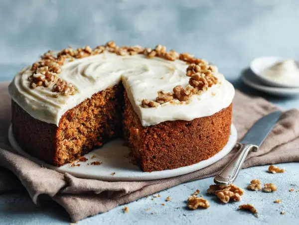 Saftig morotskaka med krämig frosting och valnötter, perfekt för ett gott morotskaka recept.