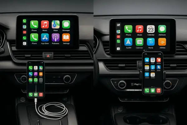 Jak połączyć telefon z samochodem? Widok deski rozdzielczej z ekranem Apple CarPlay i podłączonym iPhonem.