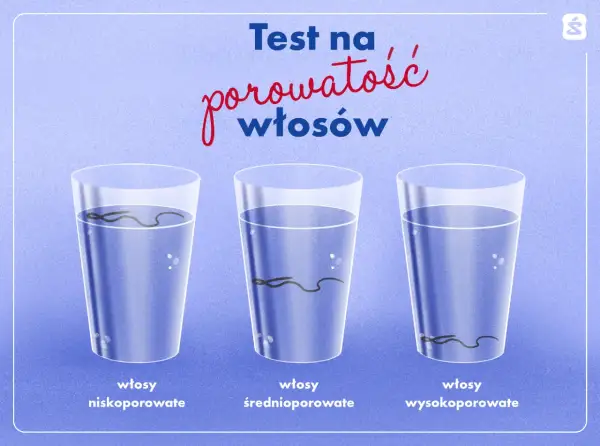 Test na porowatość włosów: włosy niskoporowate toną powoli, średnioporowate opadają na dno, a wysokoporowate szybko opadają.