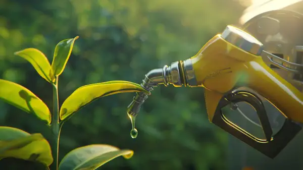Goccia di diesel HVO che cade da un beccuccio su una foglia verde, simboleggiando un futuro più ecologico.