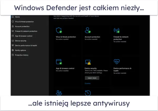 Ekran Windows Defender z sekcjami ochrony: wirusów, konta, sieci. Microsoft Defender zapewnia podstawowe bezpieczeństwo.