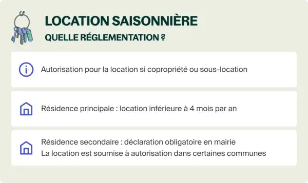 Illustration de clés et texte sur la location saisonnière. Détails sur les autorisations nécessaires pour louer sa maison pour les vacances, selon qu'il s'agisse d'une résidence principale ou secondaire.