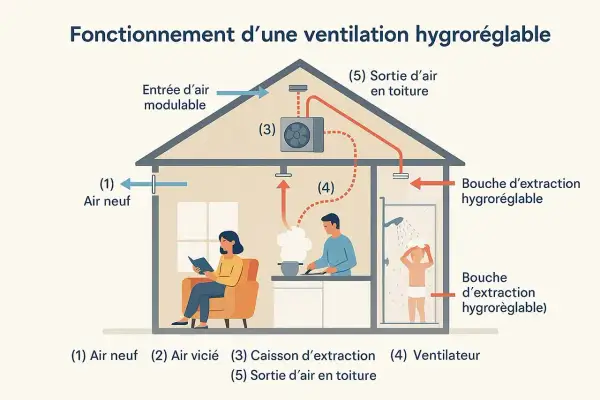 Schéma d'une ventilation hygroréglable gérant la climatisation et l'humidité. L'air neuf entre, l'air vicié est extrait, notamment de la salle de bain.